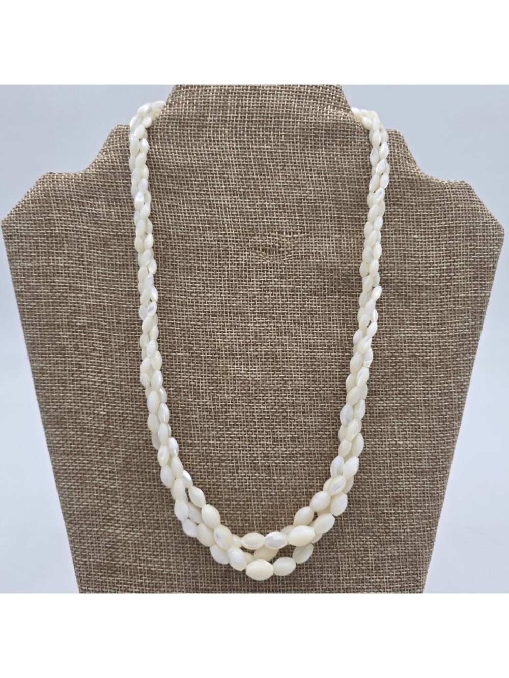Triple-Strand White Mother-Of-Pearl Beaded Necklace Gold-Tone Clasp Vintage
